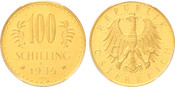1934 Austria: Republic gold 100 Schilling  PCGS PL65
