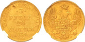1834 CПБ-ПД Poland: Nicholas I of Russia gold 20 Zlotych (3 Roubles) NGC AU58