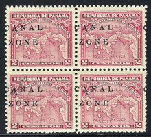 cz010d7. Canal Zone 10 variety Split Overprint Block of 4 Unused NH Fresh and Very Fine. Very Scarce Multiple of Desirable Error!