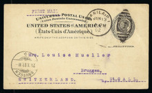 piux02e3. Philippines postal card UX2/S2 Used Very Fine. Manila 1-13-1902 to Switzerland. Attractive Foreign Usage!