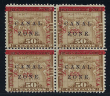 cz020c2. Canal Zone 20a "CANAL" in Antique type in block of 4 Unused OG F-VF. Scarce error, only 196 issued.