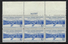 cz127e3. Canal Zone stamp 127 Plate Block of 6 Unused NH Fresh & VF. Attractive and Elusive Wide Top Plate Block!