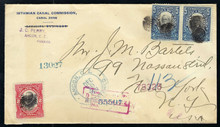 cz033g5. Canal Zone stamps 33 pair and 32 on registered IIC cover Ancon 12-19-1910 to US. Delightful Neat and Desirable cover and usage!
