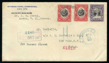 cz034g3. Canal Zone stamps 34 and two 32 on registered IIC cover Ancon 8-30-1910 to US. Scarce and Desirable cover and usage! Exceptional Item!