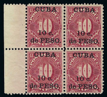 cbj4c8. Cuba 1899 10c on 10c Postage Due stamp J4 Block of 4 Unused NH/LH Fresh & F-VF+.  Scarce & Attractive Multiple!