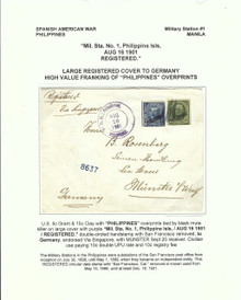 pi218m3. Philippines stamps 216 and 218 on Registered cover Mil Sta. No. 1, Philippine Isls, Aug 16 1901, REGISTERED. cds to Germany. Outstanding High Value Registered cover!