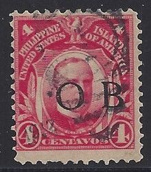 piob242a3. Philippines 242 variety with Black Constabulary "OB" Overprint. Used, Fine with minor defect. Scarce used "Bandholtz OB" Overprint.