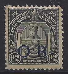 piob252f3. Philippines 252 variety with Dark Blue Constabulary "OB" Overprint. Unused, OG, F-VF. Scarce Peso Value Dark Blue Bandholtz "OB" Overprint, only 150 issued!