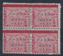 cz011f3. Canal Zone 11 varieties in block of 4 unused OG Very Fine. PANAWA at right & left PANAMA 16mm Long. Scarce Dual Error block!