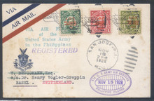 pif030b. PHILIPPINES REGISTERED FFC #30b (old #20gg) SAN JOSE 11-18-28 TO MANILA & SWITZERLAND 12-17. VERY SCARCE US ARMY EXPERIMENTAL FLIGHT, ONLY 13 COVERS CARRIED!