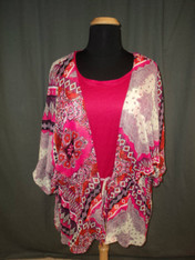 Maggie Barnes blouse, fushia/orange/ivory/red, size 3X