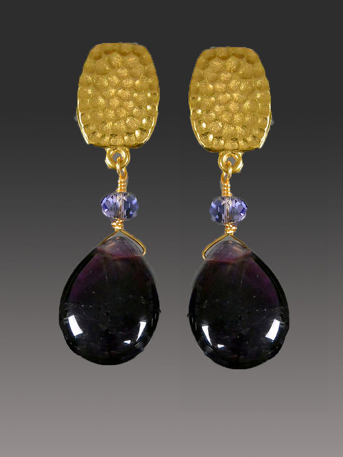 If you like a "dangle" look but can't find clip earrings, you'll love these limited edition Bess Heitner earrings featuring rich purple wine amethyst teardrops and Swarovski tanzanite rondels with a hammered super high quality 24K plated clip top with comfort tabs and a ridiculously affordable price.