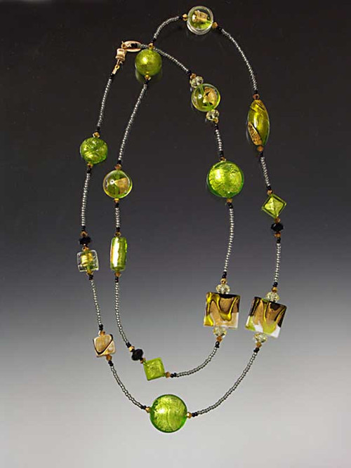 Custom lemon, lime and black Venetian glass laced with 24K gold and 24K gold plated Swarovski Crystals.  Yours to wrap and relish. Choose 44" or 64"