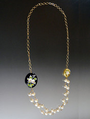  Black and Gold Venetian Porcelain Flowers on Pearl and Gold Chain