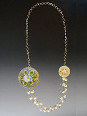 Gold Venetian Porcelain Flowers on Pearl and Gold Chain