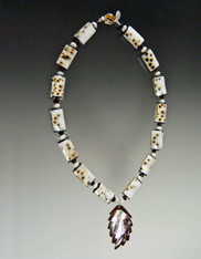 Indonesian Tiger Cowrie Tube Necklace with Mother of Pearl Leaf Pendant