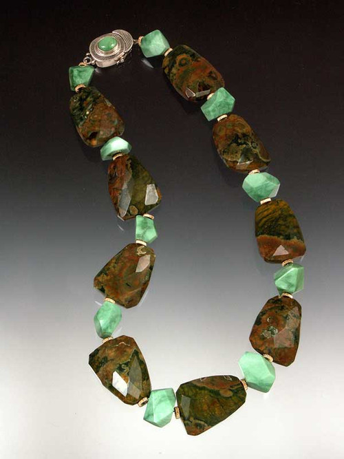 A wonderful collar of pink and green patterned rhyolite slices, rare apple green chrysophrase and 14K rondels. 