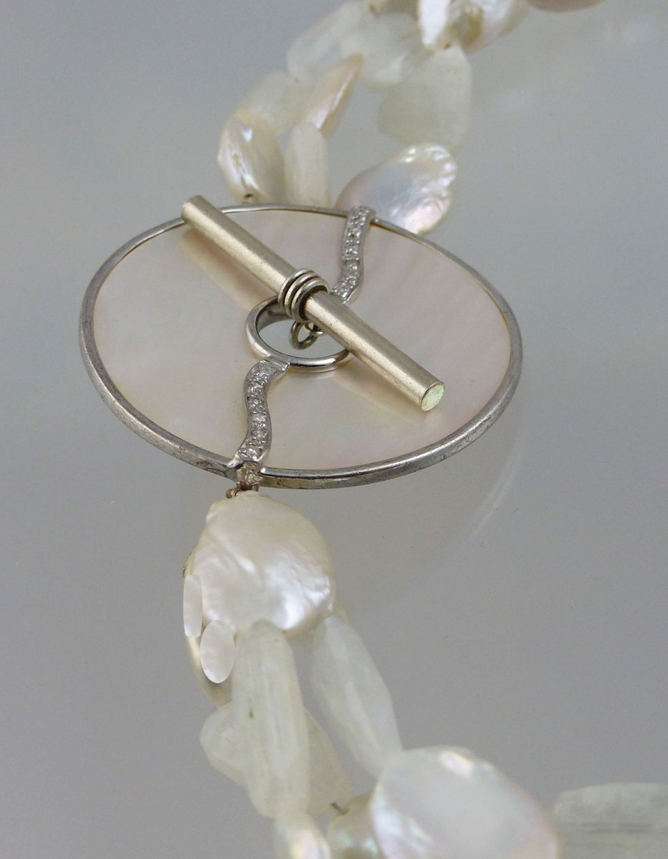 Rainbow Moonstone and Pearl Torsade with CZ Mother of Pearl Toggle Clasp -  Bess Heitner Jewelry Designs