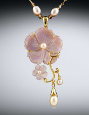 Pink Mother of Pearl Flower Pendant on Pearl Chain    