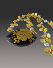 Rare Japanese Obi Fan with Gold Petal Pearls  Mystic Quartz Necklace SOLD