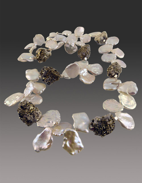 Grade AAA High Luster Ivory Petal Pearls with Gold Flecked Pyrite 