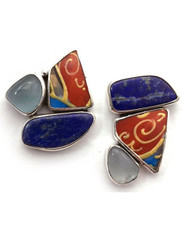 Echo of the Dreamer Vintage Asian Tile Aquamarine Lapis S/S  Earrings -SOLD
