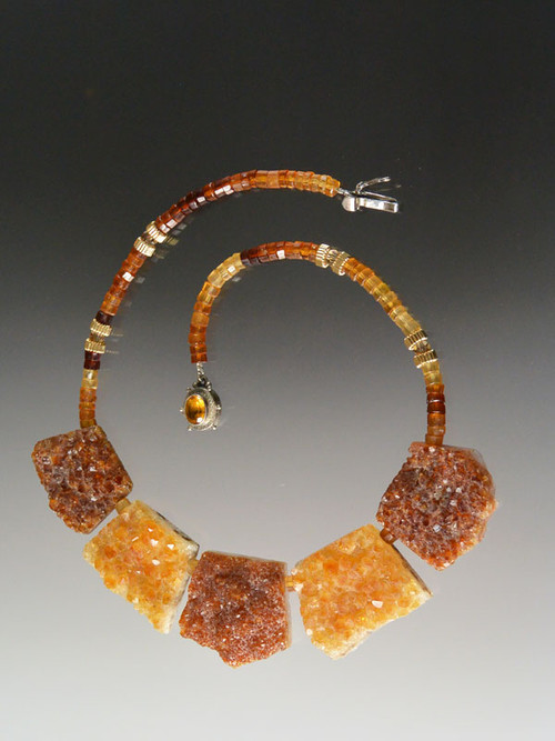 This opulent collar  features five huge natural slices of Brazilian citrine druzy in shades of rich auburn and gold and multi-toned hesssionite garnet rondels.