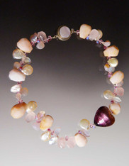 Pink Opal Rose Quartz Burgundy Heart Necklace  SOLD