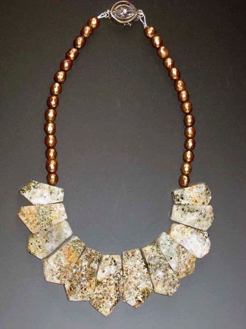 Don't miss this collar of Brazilian pyrite (fool's gold)  on a strand of champagne pearls!