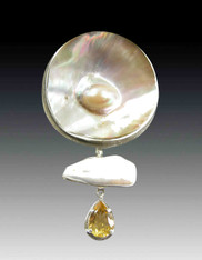 Amy Kahn Russell Mabe Blister and Biwa Pearl Citrine Dangle Pin/Pendant