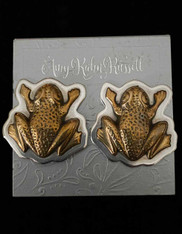 Amy Kahn Russell Carved Brass Frogs on Sterling Silver Earrings Clip/Post