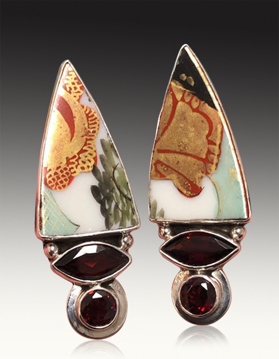 BRAND NEW-Echo of the Dreamer Asian Tile Garnet Sterling Clip Earrings SOLD  - Bess Heitner Jewelry Designs