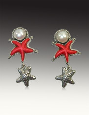 Amy Kahn Russell Sterling Red Starfish Dangle Clip/Post Earrings