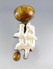 Amy Kahn Russell Sterling Rutilated Quartz Freeform Pearl Pin/Pendant