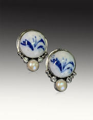 Echo of the Dreamer Blue and White Porcelain Pearl Clip Earrings