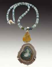 Huge Solar Quartz, Citrine Sterling Pendant with Moss Aquamarine Chain