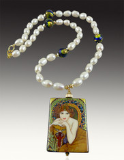 Hand-Painted Russian Pendant of Mucha's Lady with Beast on Pearl Venetian Glass Necklace