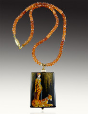 Hand Painted Russian Pendant Erte Lady with Tiger, 14K and Spessanite Garnet Necklace