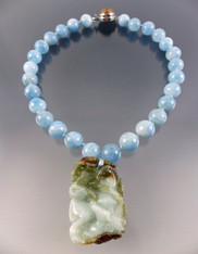Silk Knotted Grade AAA Aquamarine with Rare carved Jade pendant