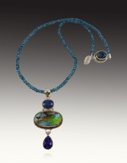 Abalone, Kyanite, Lapis Pendant on Micro Faceted Neon Appatite Chain