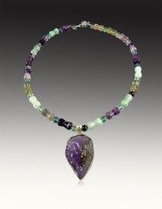 Flourite Barrel Tube and Round Beads with Natural Amethyst Pendant