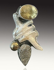 NEW-Amy Kahn Russell Lemon Topaz Pearl Druzy Pyrite Sterling Pin/Pendant