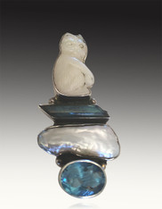 NEW - Amy Kahn Russell Carved Opal Cat, Pearl Blue Topaz Pin/Pedant