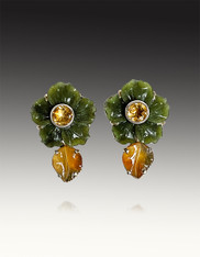 Amy Kahn Russell Carved Jade Flower Citrine Carnelian Post/clip Earrings
