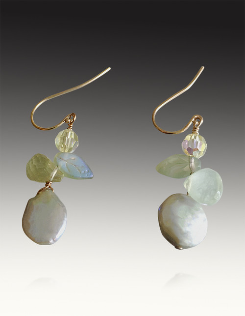 This charming medley of gems and pearls goes with everything and has a dangle effect which is very popular.  It features a grade AAA faceted lemon topaz briolette, a pale green freshwater pearl, Swarovski crystals and other precious elements.  Dress up or down.  1.5"  Select 18K, 14K, or 24K over sterling silver earwire.