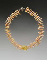 this striking collar features champagne toned biwa pearls separated with tiny matching Swarovski crystals, heavy 14K rondels and a rare Brazilian faceted citrine center focal.  18"