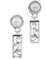 Silver White Freshwater Pearl Filigree Dangle Sterling Stud Earrings, 