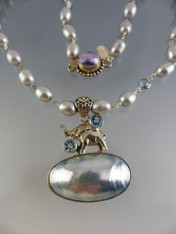 Hand-Carved Sterling Elephant on Huge Osmina Pearl Wire Wrapped Pearl Blue Topaz Chain