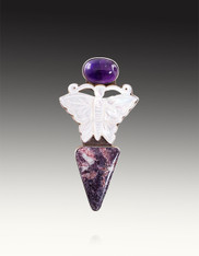 Amy Kahn Russell Sterling Amethyst Carved MOP Butterfly Pin/Pendant 