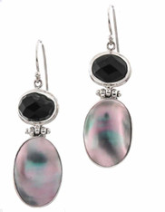 These hand-made Indonesian earrings feature black onyx cabochons and Silver Blue Abalone dangles.  Set in sterling silver with a sterling earwire. Enquire about converting to clips.  1.14"
